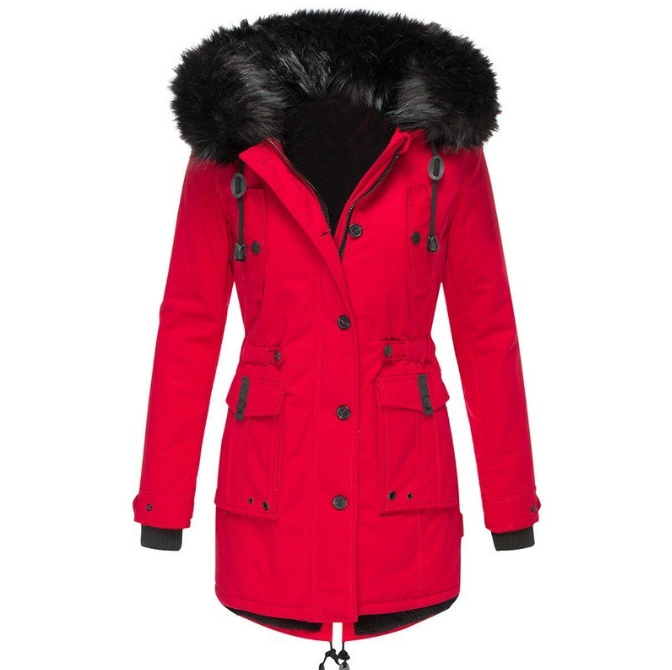 Bronte elegant winter coat in red, front view