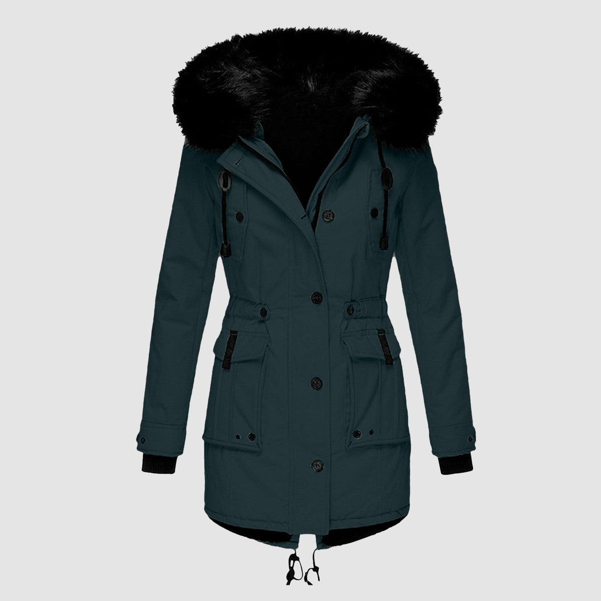 Bronte elegant winter coat in dark teal, front view