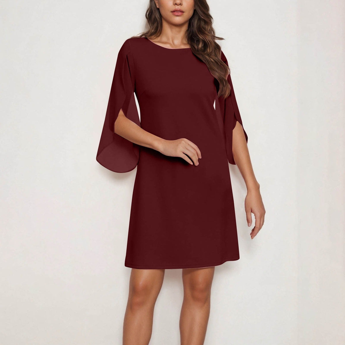 Elise comfort layer dress in dark red, front view on model