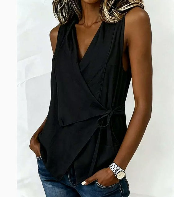Loretta sleeveless wrap blouse in black, front view