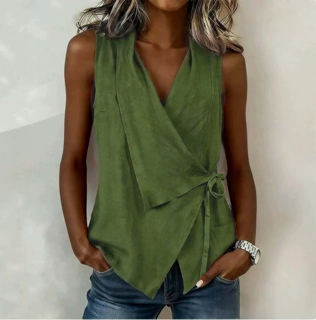 Loretta sleeveless wrap blouse in military green, front view