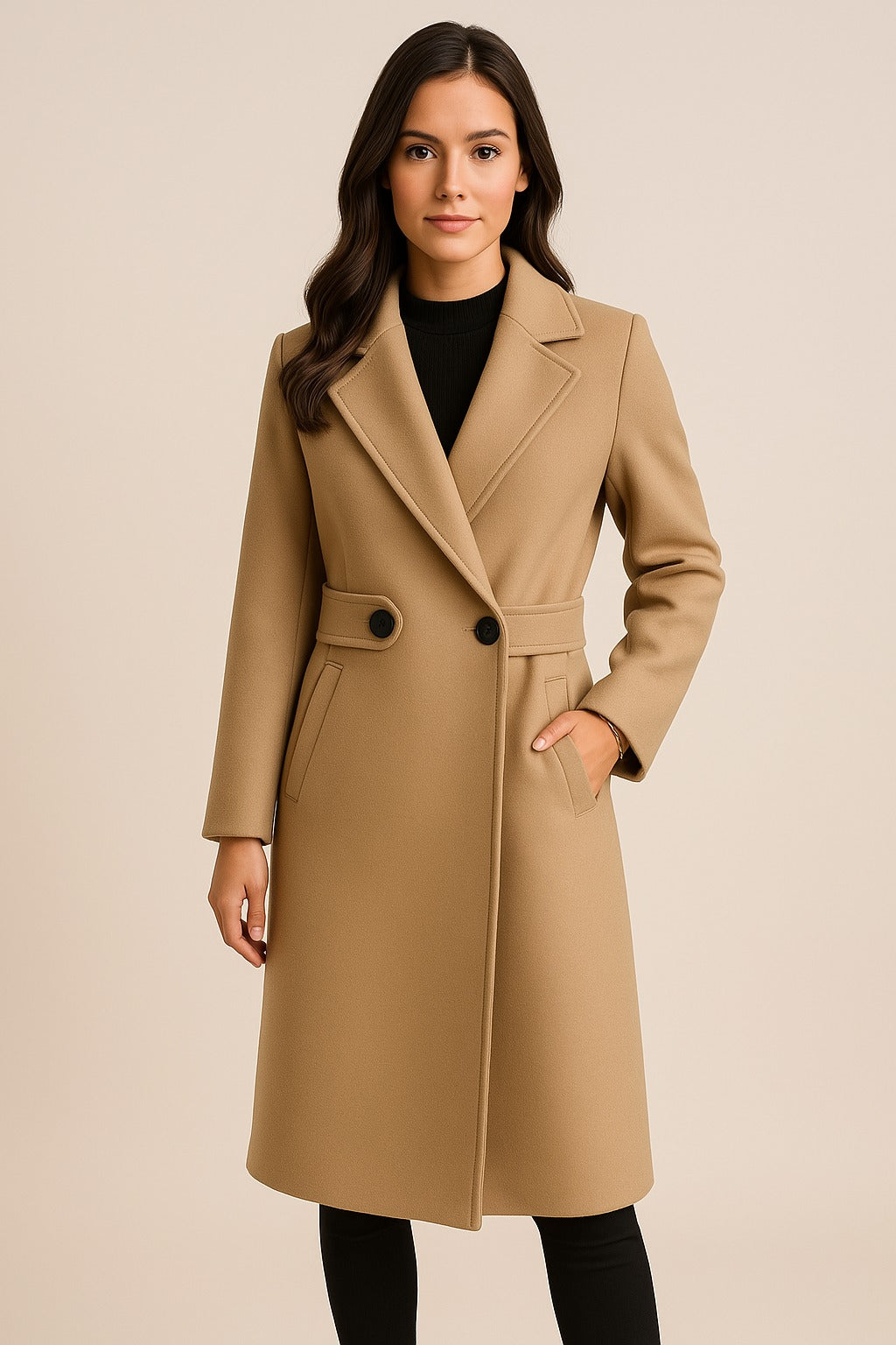 Noelle belted coat in camel, full-length front view