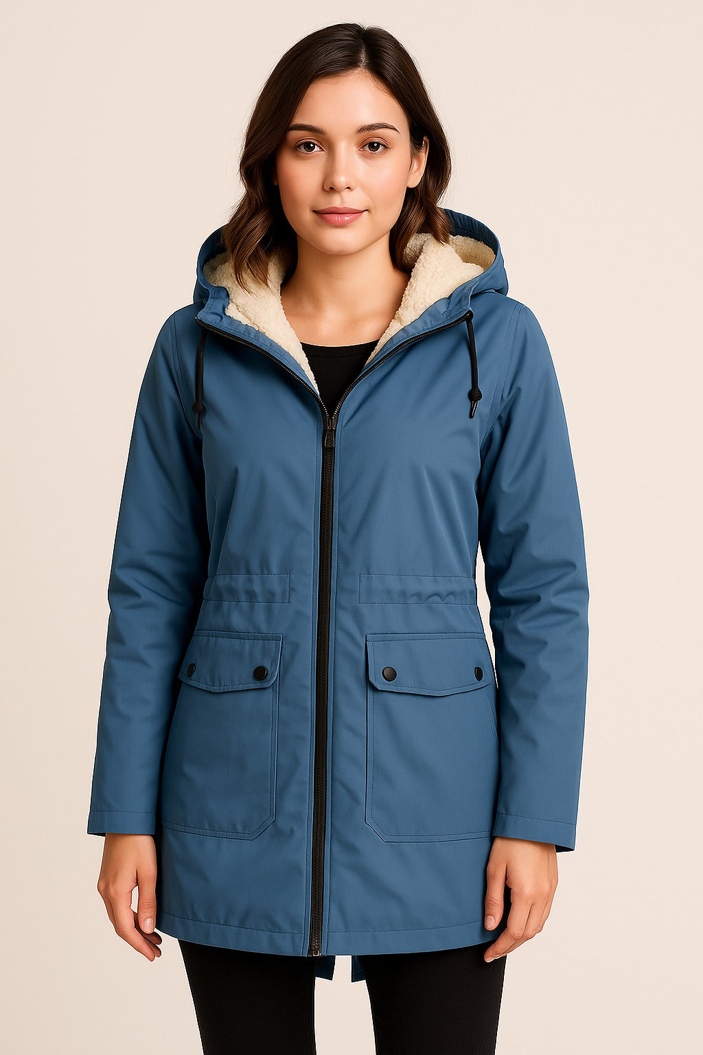 Evelynne winter fur jacket in blue worn by model, full front view