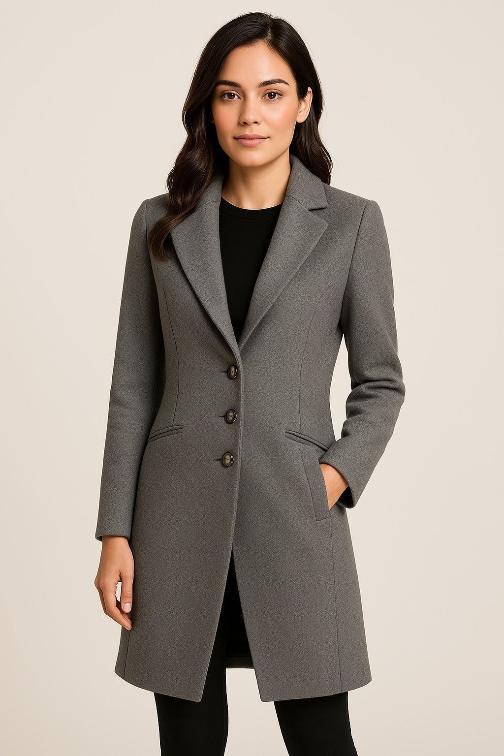 Oliviane long coat in grey, buttoned front view with notched lapels