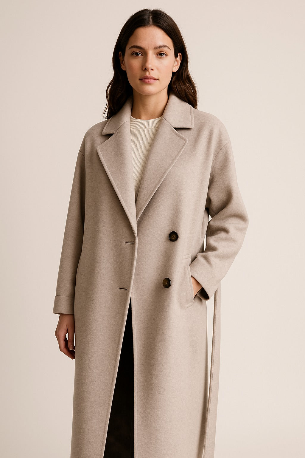 Cerys long trench coat in off-white, front view on model