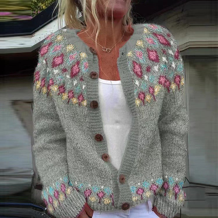 Madeline knitted cardigan close-up of floral yoke and wooden-toned buttons