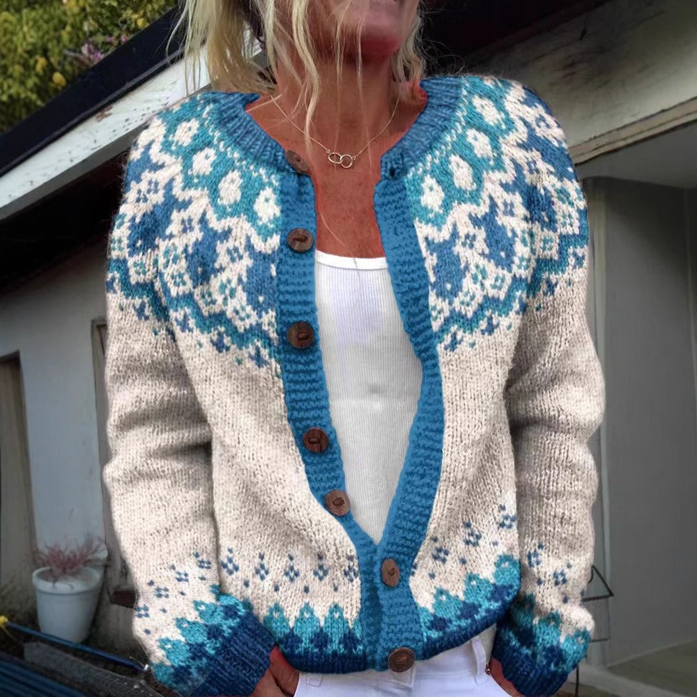 Meva cardigan close-up showing patterned yoke and front buttons