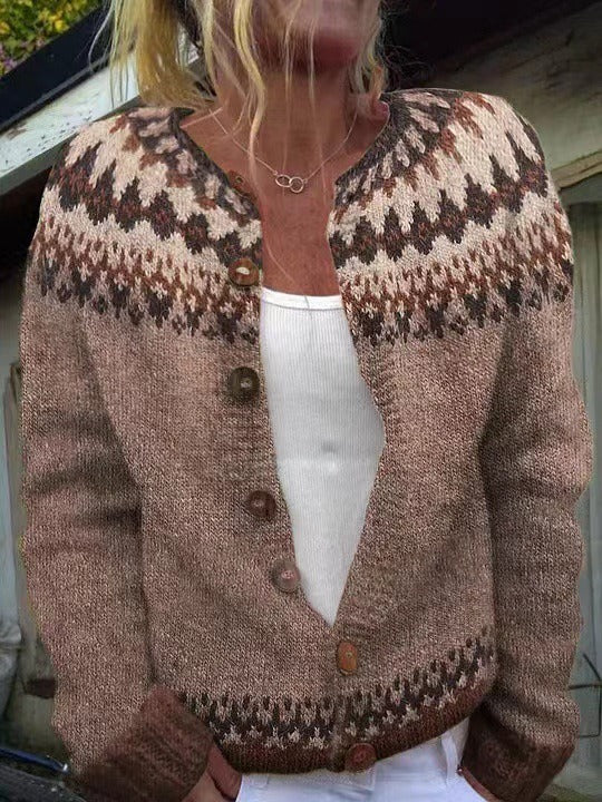 Iris cardigan close-up of geometric yoke pattern and buttons