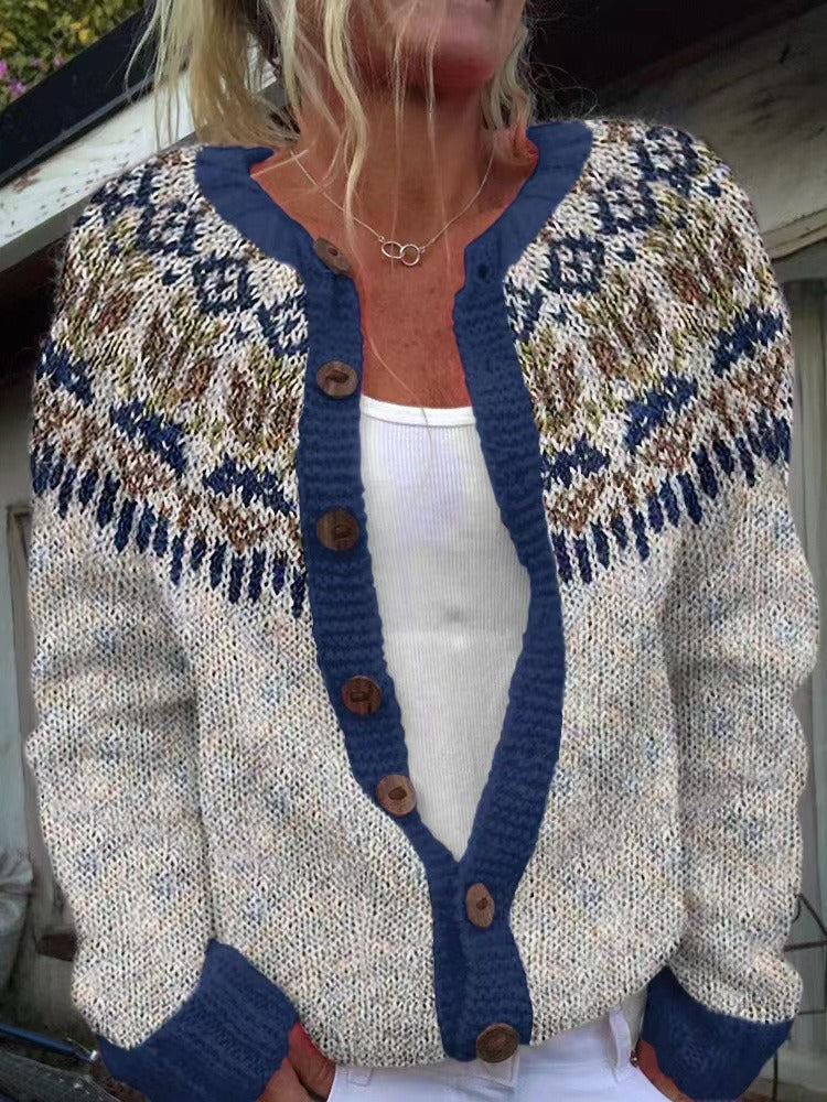 Harper cardigan close-up of patterned yoke and wooden-look buttons