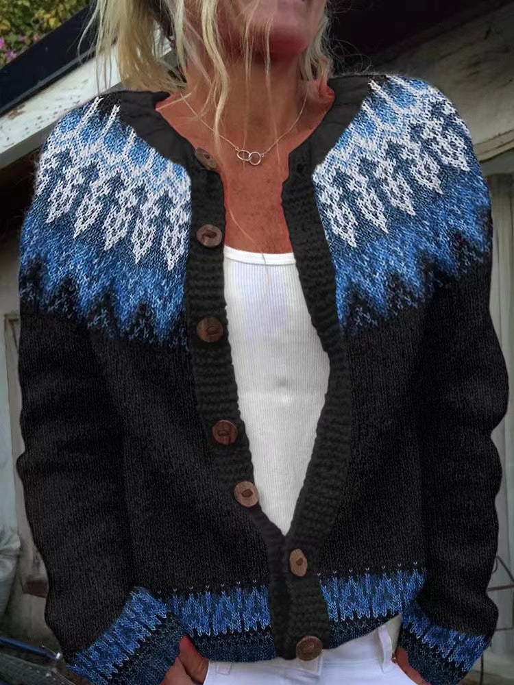 Gianna Icelandic cardigan close-up of patterned yoke and wooden-look buttons