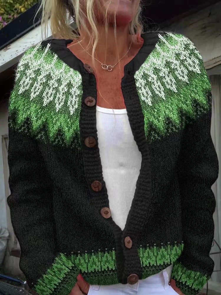 Sada Icelandic cardigan close-up showing patterned yoke and wooden-look buttons