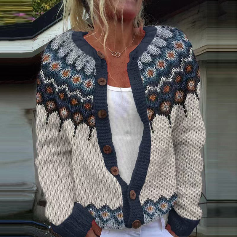 Kara Icelandic cardigan close-up showing wooden-look buttons and geometric knit yoke