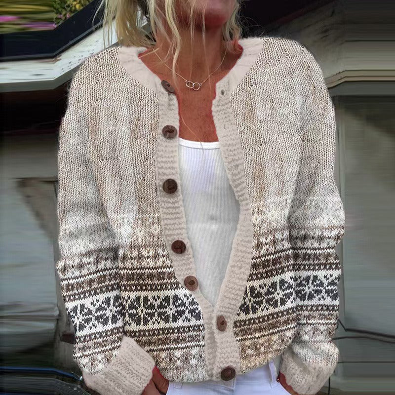 Brielle Icelandic cardigan close-up of geometric knit and wooden-toned buttons