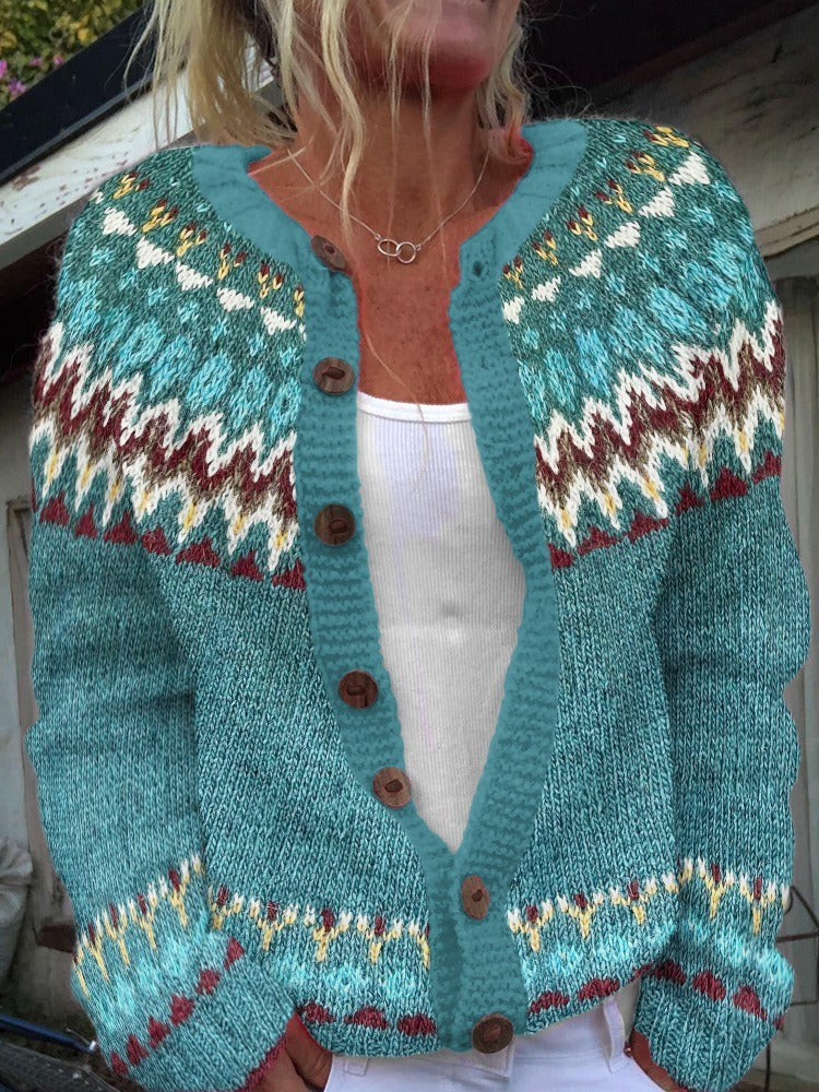Seraphina Icelandic cardigan in teal, close-up of geometric yoke and wooden buttons