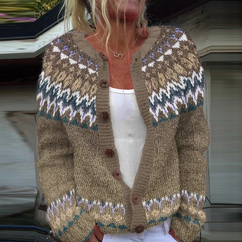 Cleo Icelandic cardigan close-up showing patterned yoke and wooden-look buttons