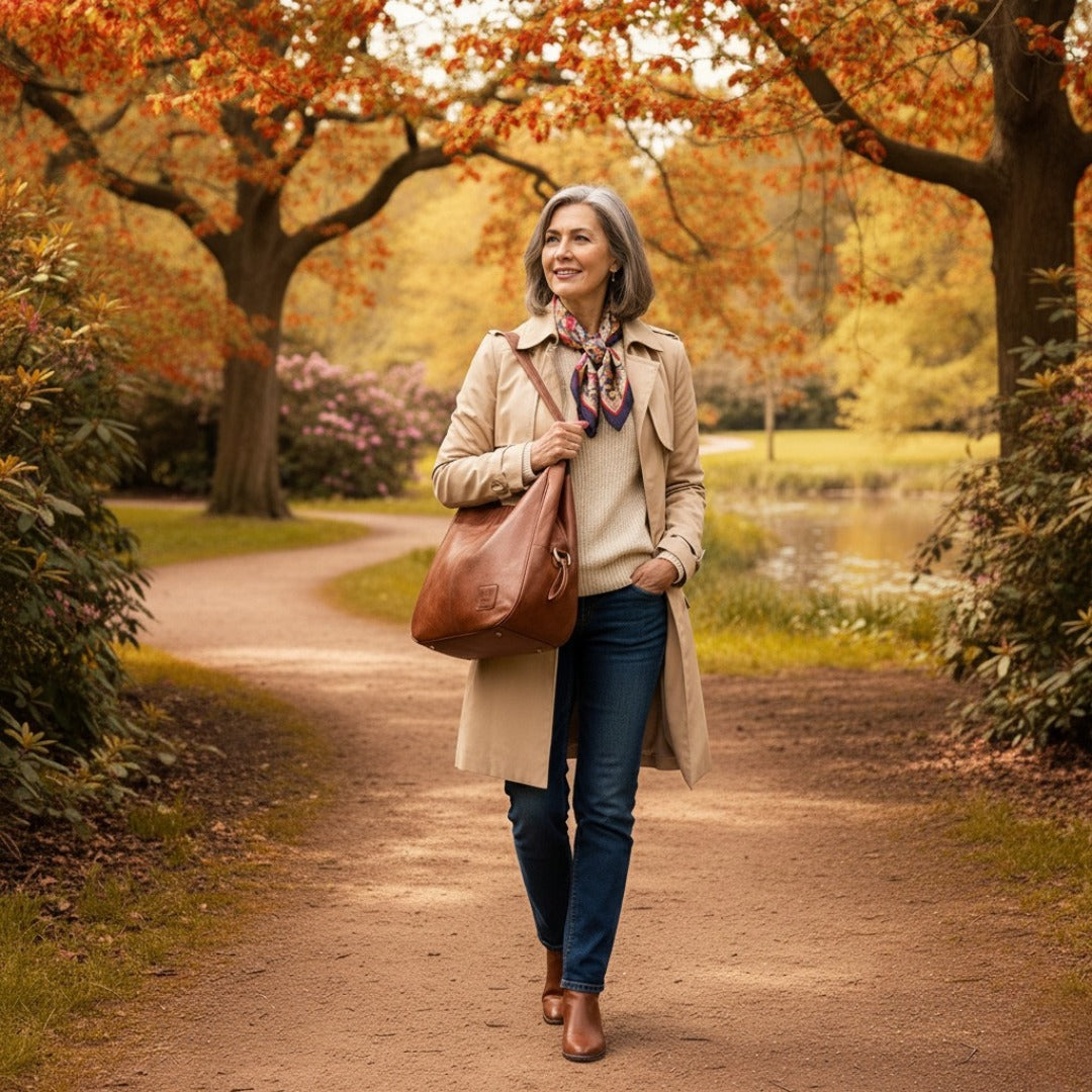 Woman carrying the brown vintage handbag on an autumn park walk
