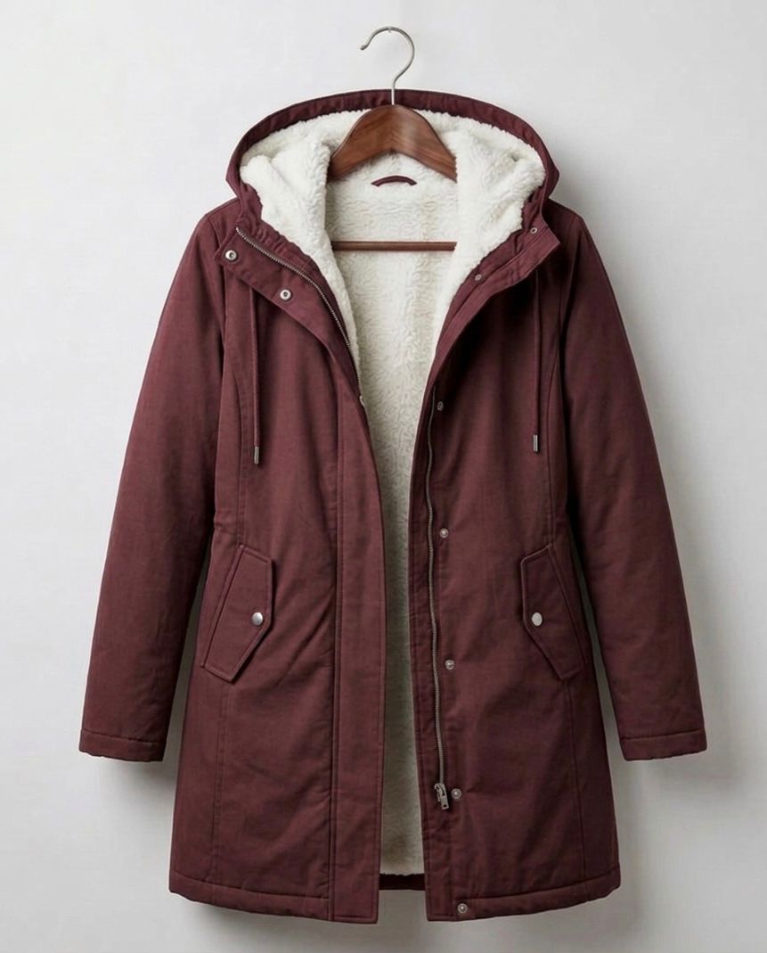 Marjorie hooded longline coat in berry red with plush lining