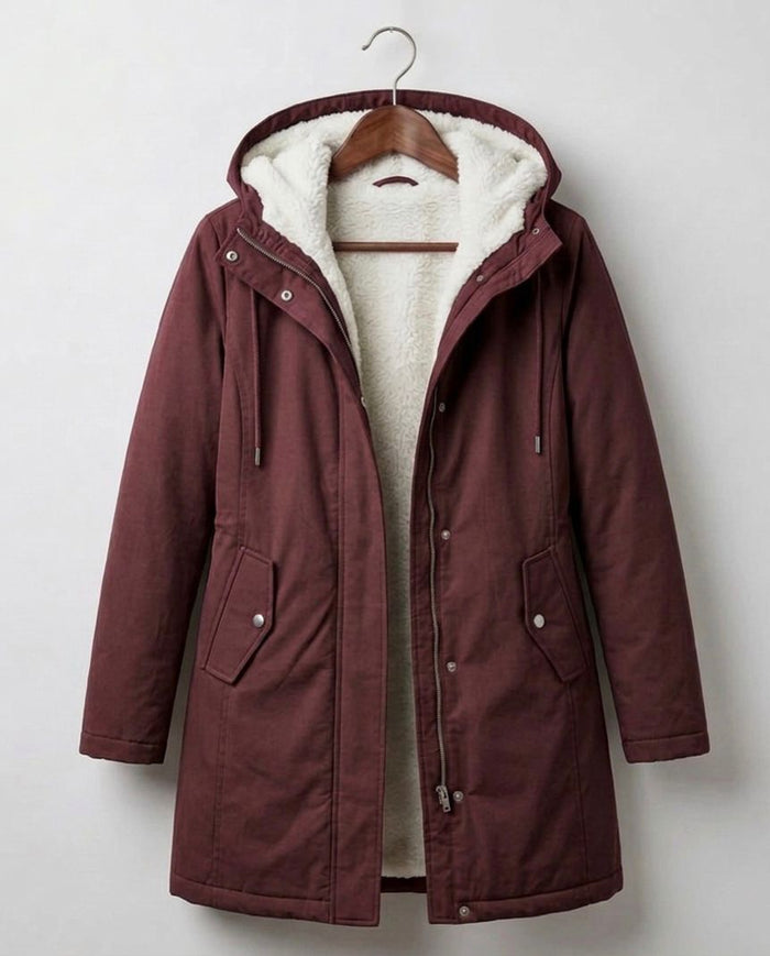 Marjorie hooded longline coat in berry red with plush lining