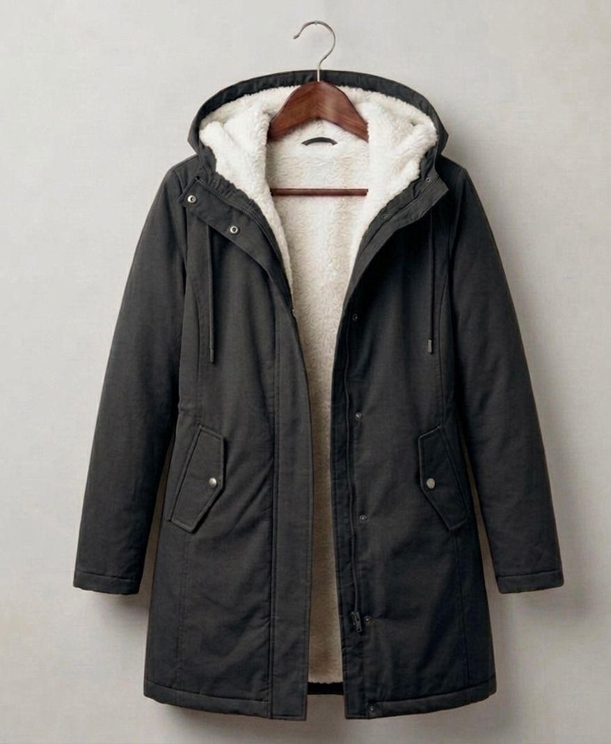 Marjorie hooded longline coat in black with plush lining