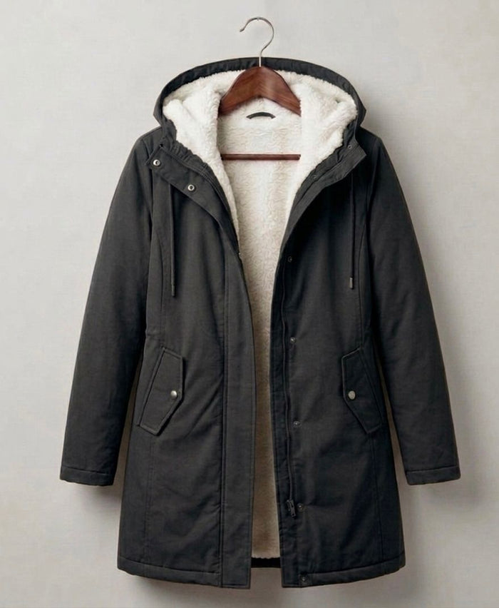 Marjorie hooded longline coat in black with plush lining