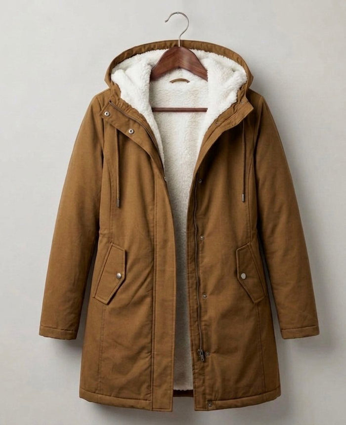 Marjorie hooded longline coat in khaki with plush lining