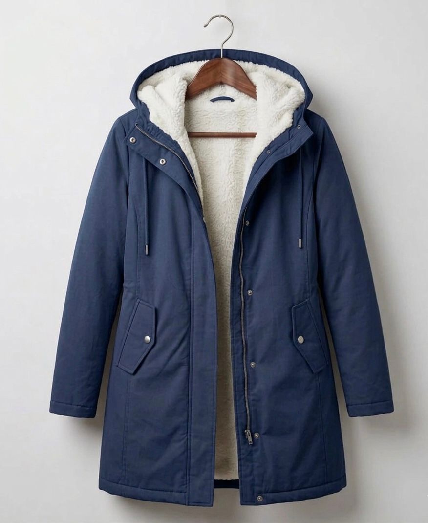 Marjorie hooded longline coat in midnight navy with plush lining