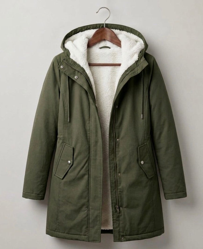 Marjorie hooded longline coat in forest green with plush lining