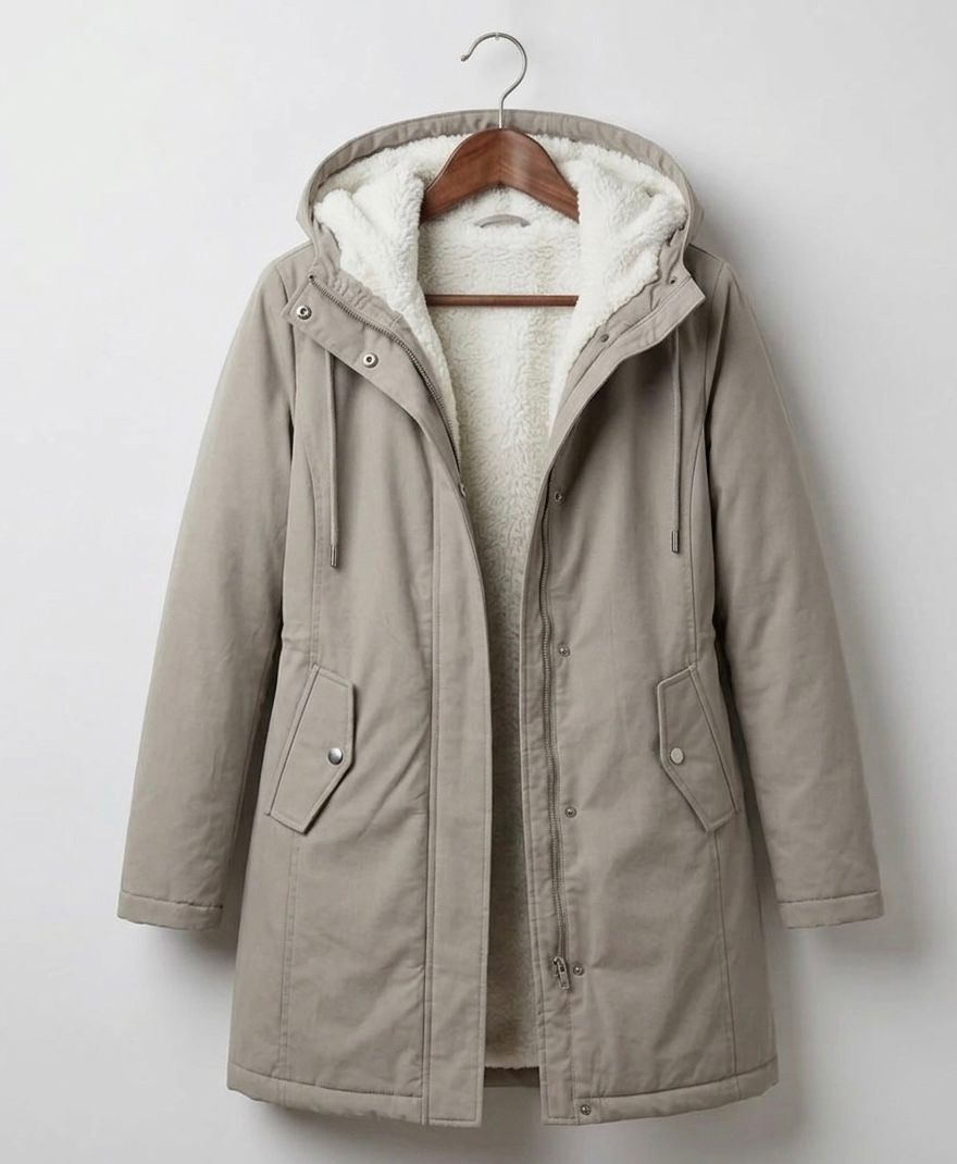 Marjorie hooded longline coat in stone grey with plush lining