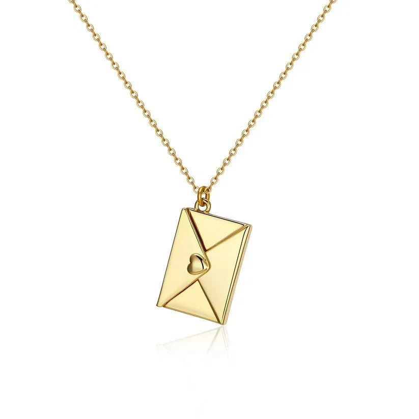 Love letter envelope necklace in gold, front view on fine chain