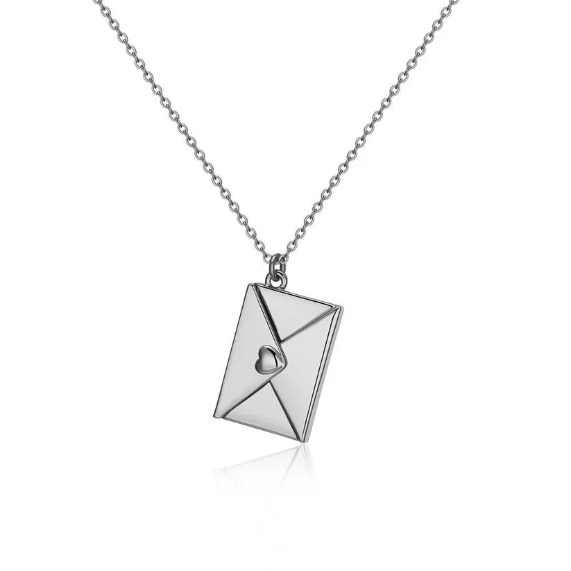 Love letter envelope necklace in silver, front view on fine chain