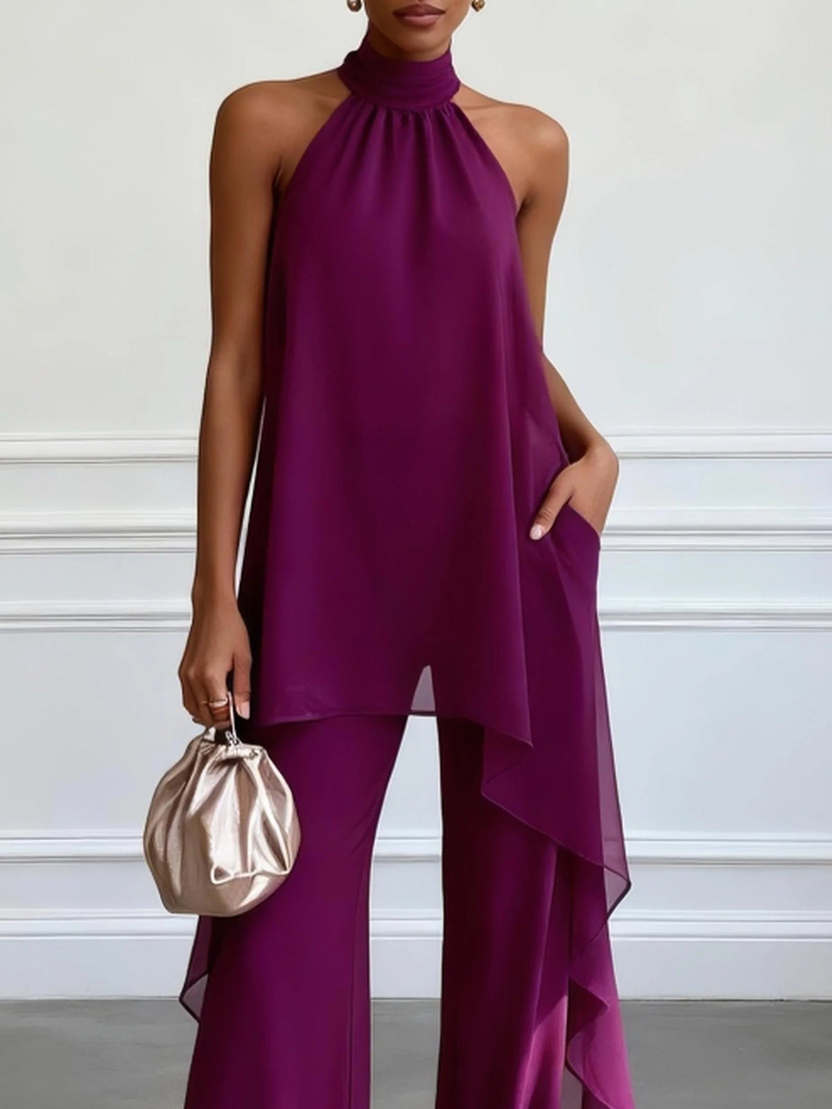 Purple halter top and wide-leg trousers set, close front view of collar and hem