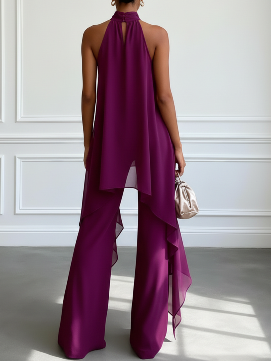 Halter two-piece set in purple, back view showing draped asymmetric hem