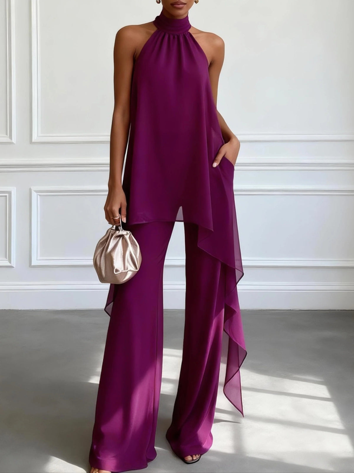 Halter two-piece set in purple, full-length front view with wide-leg trousers