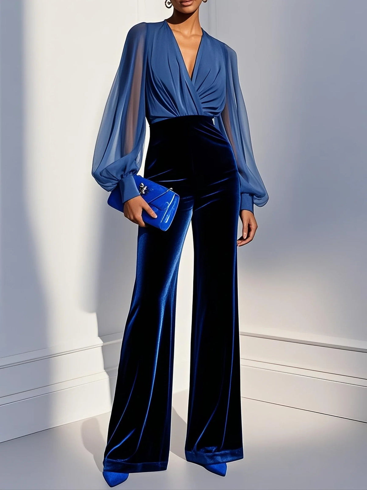 Celeste velvet jumpsuit in blue, front view with sheer mesh sleeves