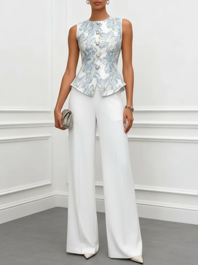 Sophia satin two-piece set in white with blue floral top, full-length front view
