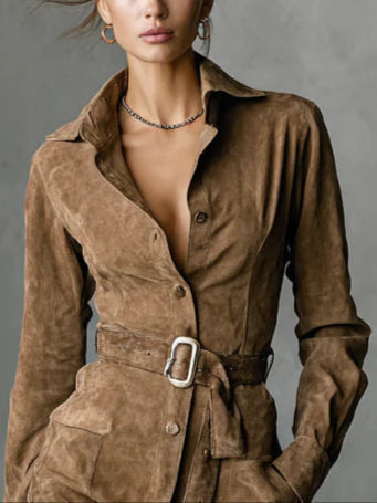 Annis suede-look shirt dress in brown, close-up of collar and buckled belt