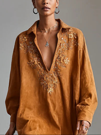 Sybil dress in brown, close-up of floral print V-neckline and lapel collar
