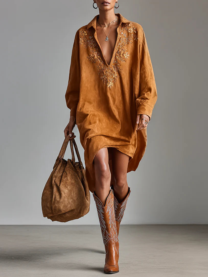 Sybil printed midi dress in brown, full-length front view with tall boots