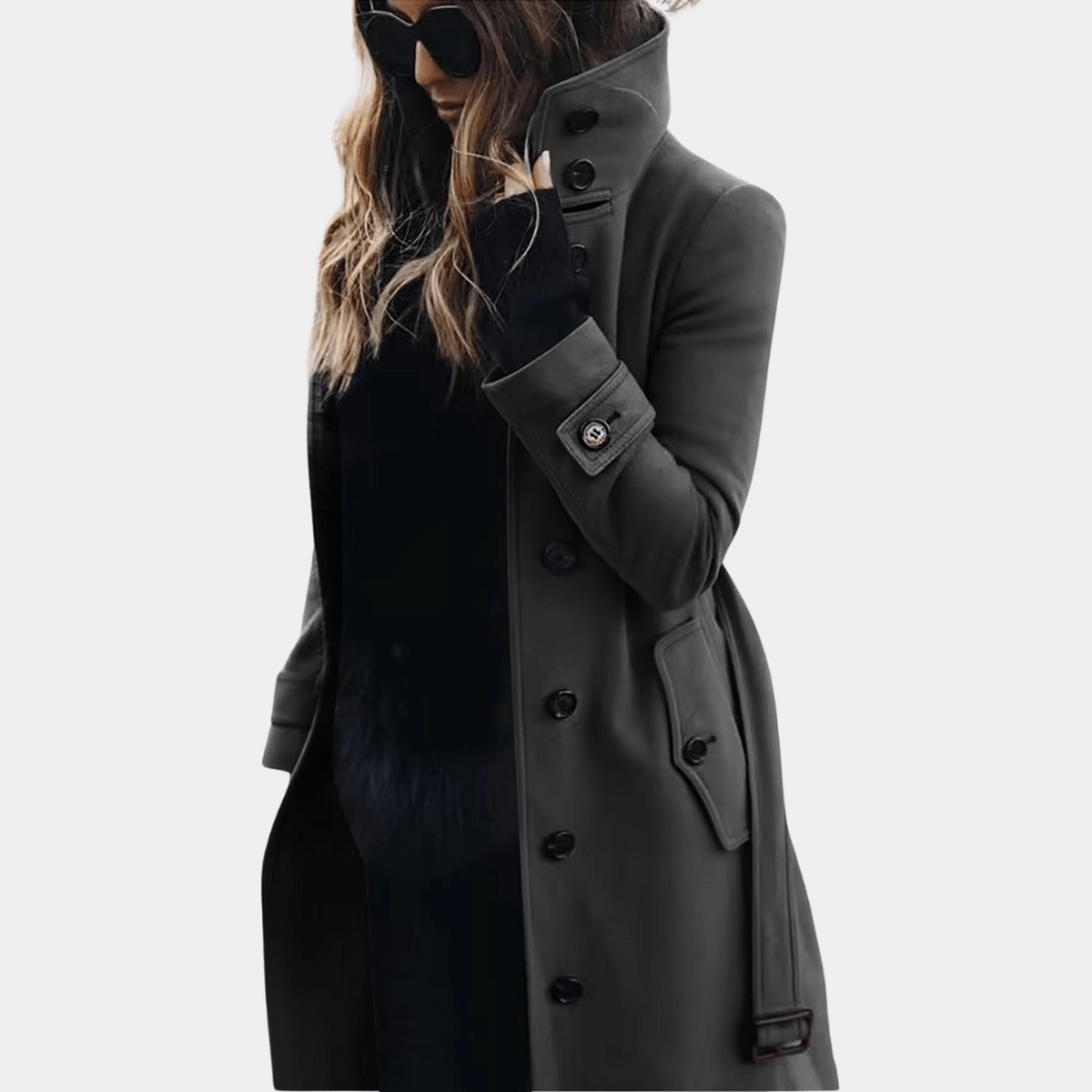 Elegant warm trench coat in dark grey, full-length front view