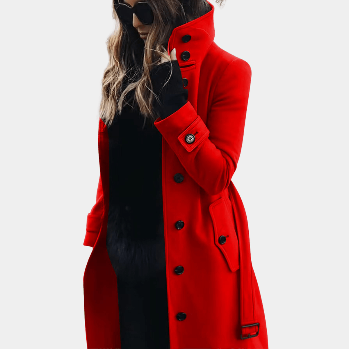 Elegant warm trench coat in red, full-length front view