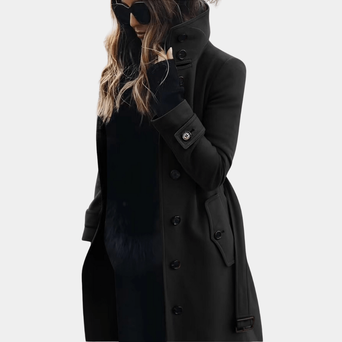 Elegant warm trench coat in black, full-length front view