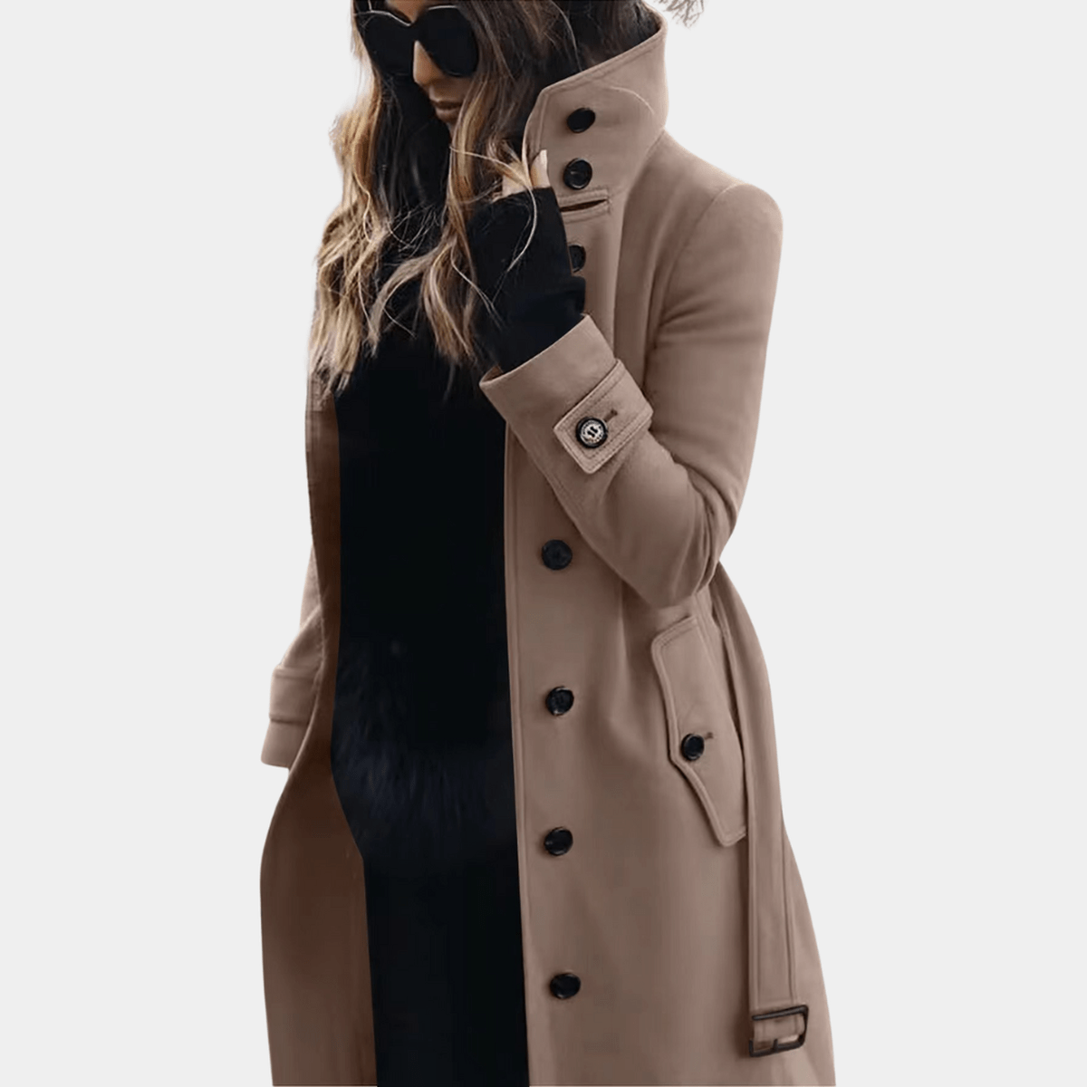 Elegant warm trench coat in khaki, full-length front view