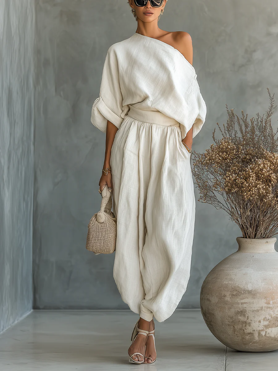 Sophie off-shoulder linen set in off white, full-length front view