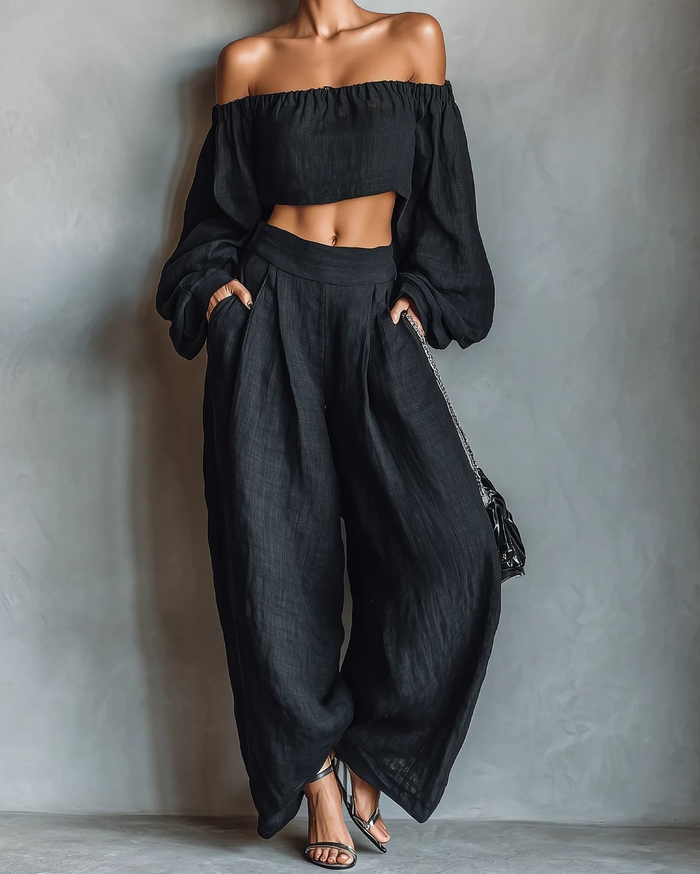 Serena off-the-shoulder top and wide-leg trouser set in black, full front view