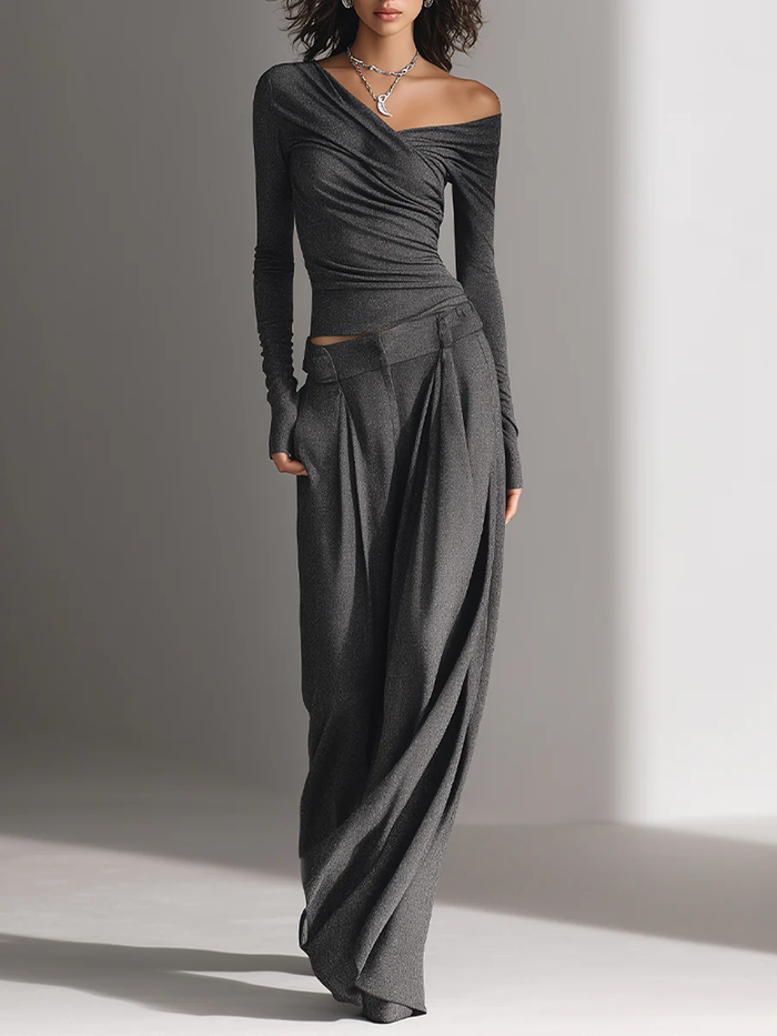 Samantha off-shoulder top and wide-leg trouser set in charcoal grey, full-length front view