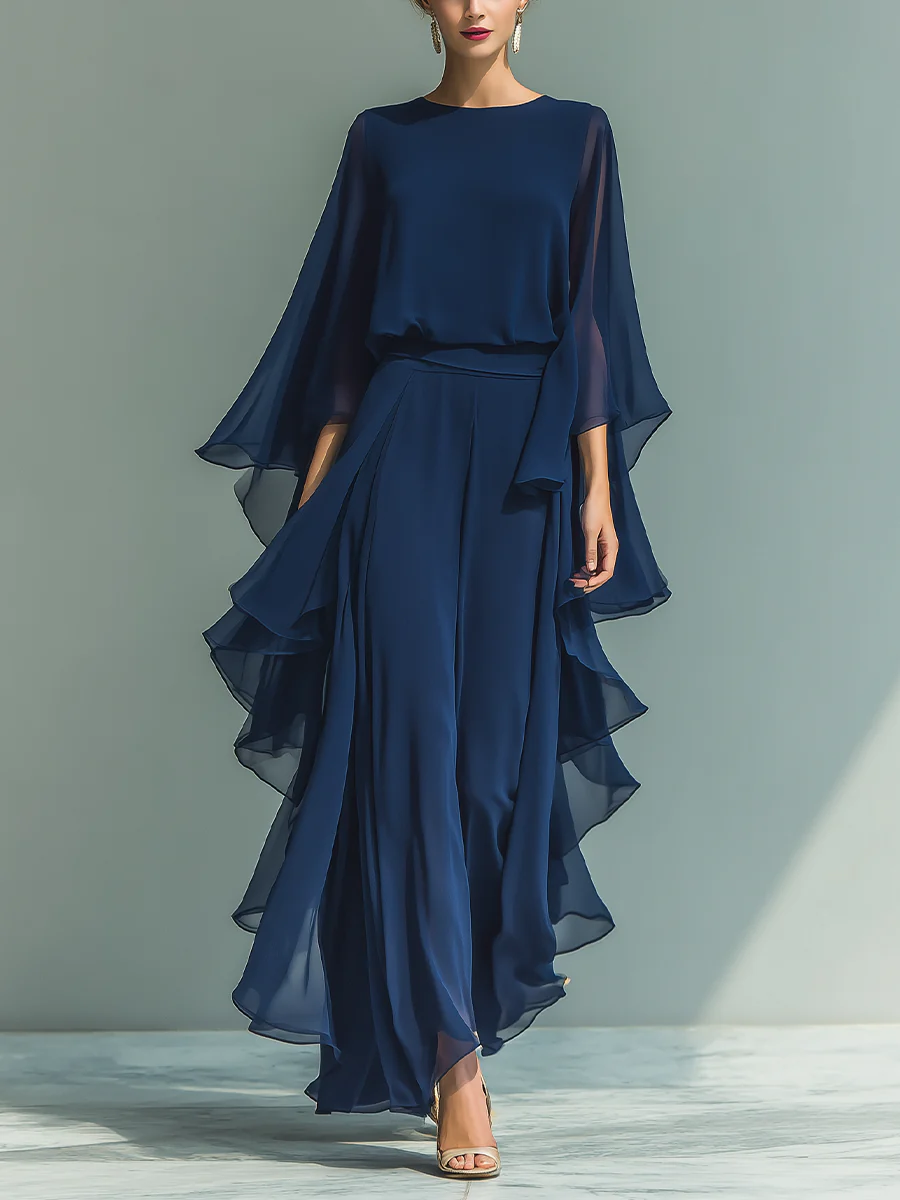 Nina chiffon bell-sleeve top and ruffled trouser set in navy, full front view