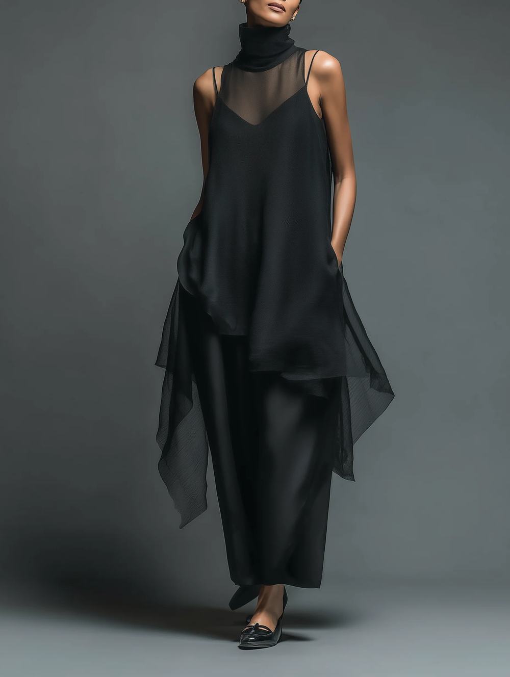 Celeste layered slip dress set in black, front view with sheer overlay