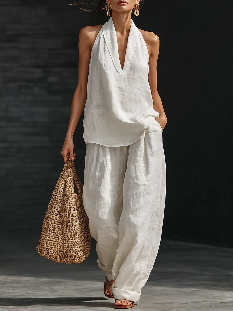 Noreen halter wide-leg set in white, full-length front view