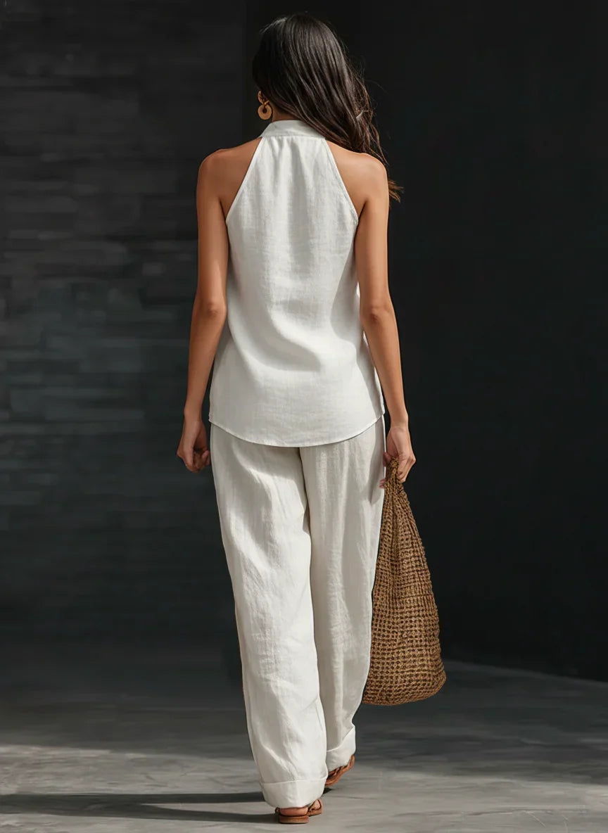 Zoë two-piece set in white, back view showing halter neckline