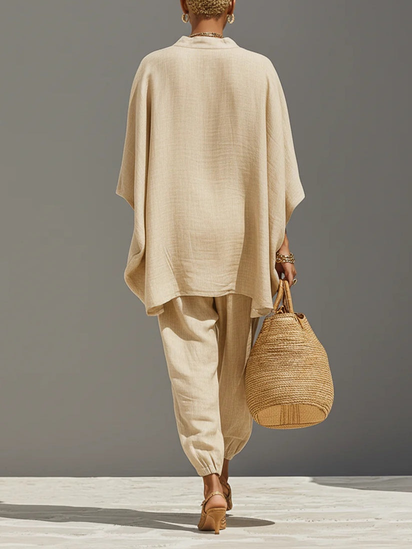 Kiera top and jogger set in light khaki, back view showing dolman sleeves